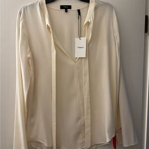 Theory White V-Neck Long Sleeve Blouse with Tie Front